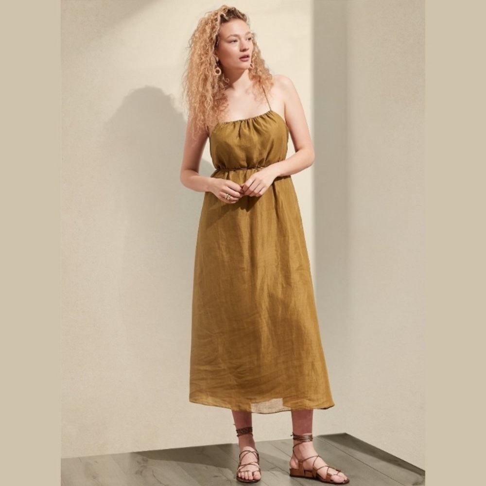 Banana Republic NWOT Ramie Gathered Mustard Maxi Dress M straps boho summer